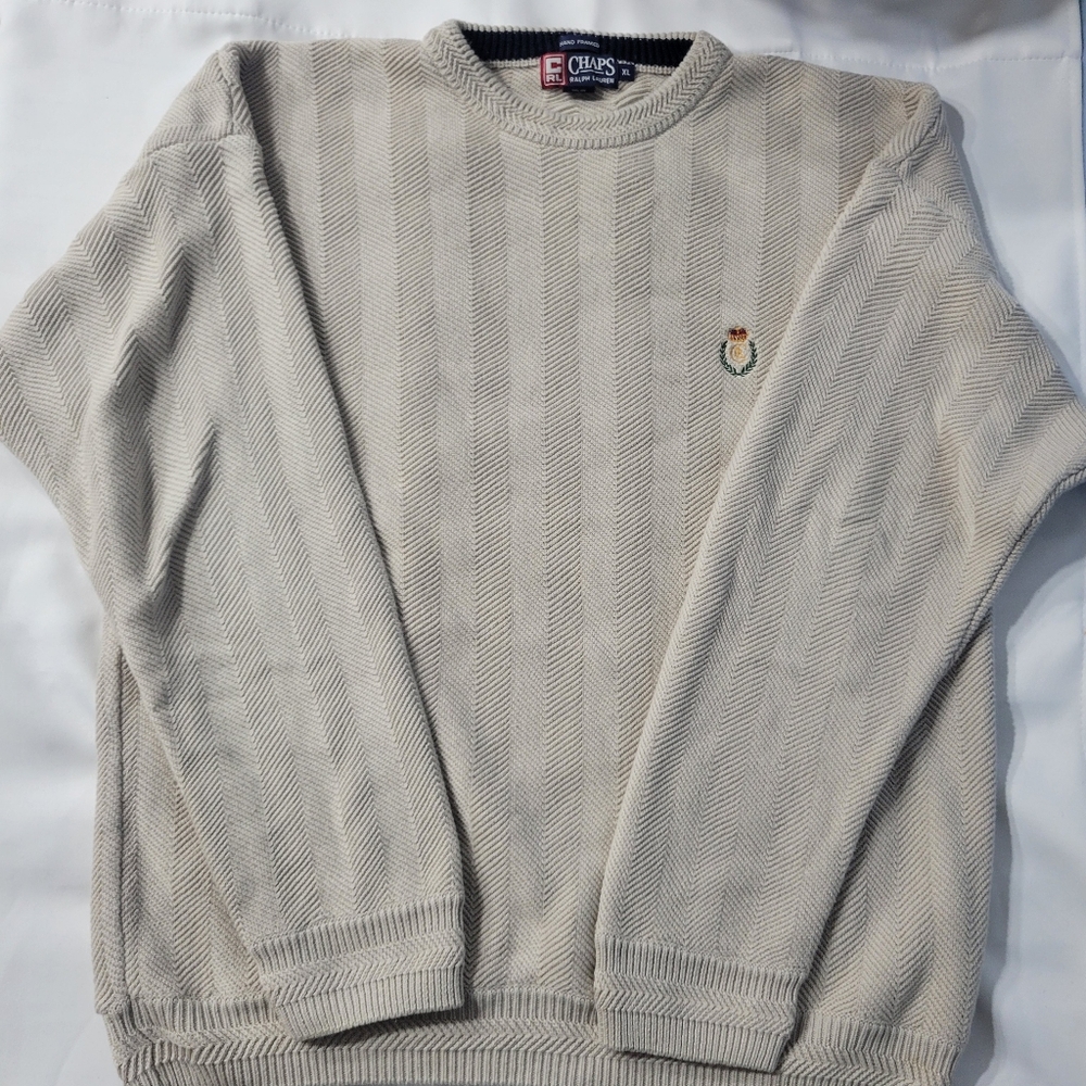 VTG 90s Chaps Ralph Lauren Beige Herringbone Logo Mens Sweater XL Cotton